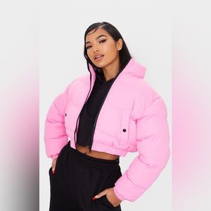 pink cropped bubble zip detail puffer jacket